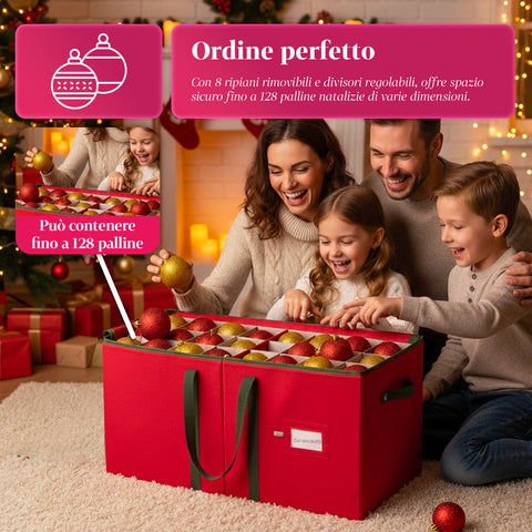 Organizer per 128 Palline di Natale in TNT e Cartone Rigido con Cerniera e Manici