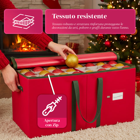 Organizer per 128 Palline di Natale in TNT e Cartone Rigido con Cerniera e Manici
