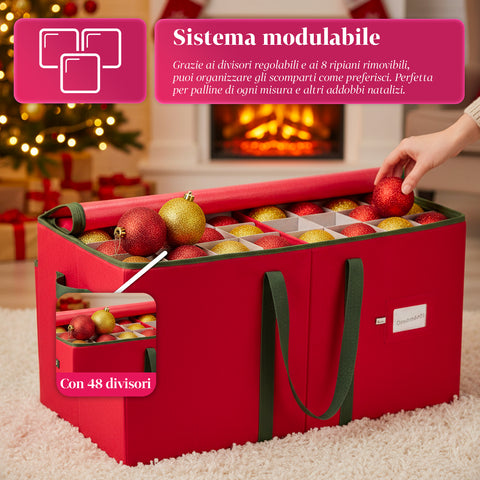 Organizer per 128 Palline di Natale in TNT e Cartone Rigido con Cerniera e Manici