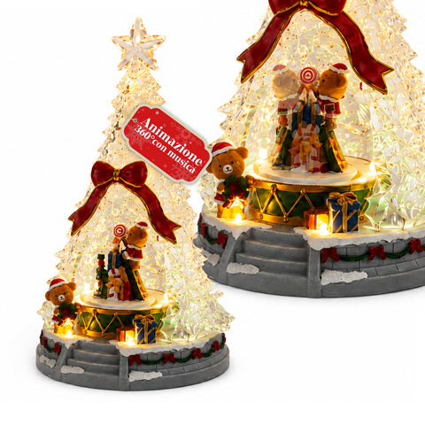 Albero di Natale luminoso JoyTree con musica e animazione 360°, luci LED, scena con orsetti e schiaccianoci, doppia alimentazione USB, 32,5 cm