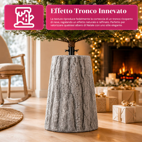 Base per albero di Natale a forma di tronco, effetto corteccia, 2 finiture, dimensioni 33,5x52,5 cm, per alberi fino a 240 cm, aggancio universale