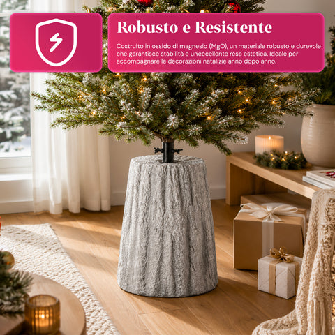 Base per albero di Natale a forma di tronco, effetto corteccia, 2 finiture, dimensioni 33,5x52,5 cm, per alberi fino a 240 cm, aggancio universale
