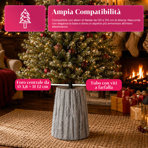 Base per albero di Natale a forma di tronco, effetto corteccia, 2 finiture, dimensioni 33,5x52,5 cm, per alberi fino a 240 cm, aggancio universale