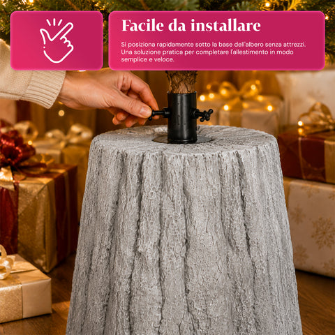 Base per albero di Natale a forma di tronco, effetto corteccia, 2 finiture, dimensioni 33,5x52,5 cm, per alberi fino a 240 cm, aggancio universale