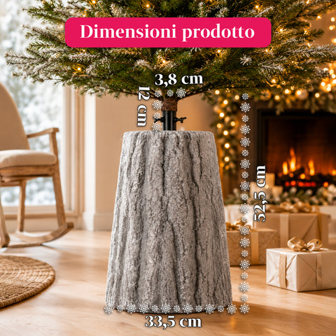 Base per albero di Natale a forma di tronco, effetto corteccia, 2 finiture, dimensioni 33,5x52,5 cm, per alberi fino a 240 cm, aggancio universale