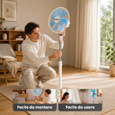 Ventilatore a Piantana 40W con  7 Pale in PP, 3 Velocità, Altezza Regolabile 80-100cm – Oscillazione Orizzontale 60° e Inclinazione 45°
