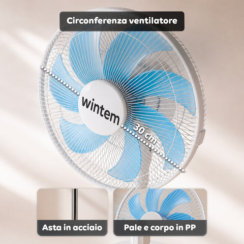 Ventilatore a Piantana 40W con  7 Pale in PP, 3 Velocità, Altezza Regolabile 80-100cm – Oscillazione Orizzontale 60° e Inclinazione 45°