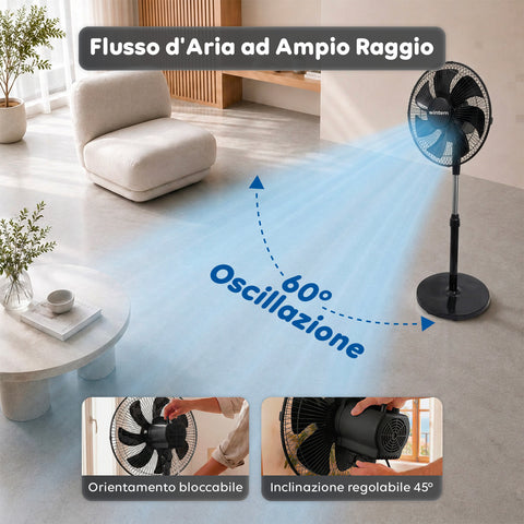 Ventilatore a Piantana 40W con  7 Pale in PP, 3 Velocità, Altezza Regolabile 80-100cm – Oscillazione Orizzontale 60° e Inclinazione 45°