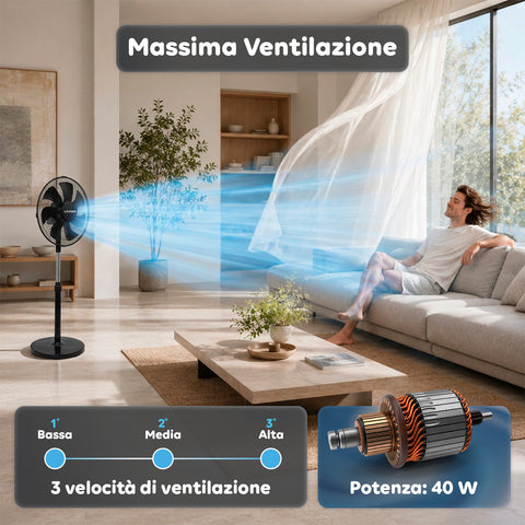 Ventilatore a Piantana 40W con  7 Pale in PP, 3 Velocità, Altezza Regolabile 80-100cm – Oscillazione Orizzontale 60° e Inclinazione 45°