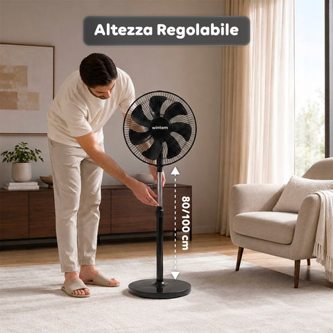 Ventilatore a Piantana 40W con  7 Pale in PP, 3 Velocità, Altezza Regolabile 80-100cm – Oscillazione Orizzontale 60° e Inclinazione 45°