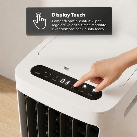 Raffrescatore Evaporativo 8,5L con Telecomando – Display LED Touch, 3 Velocità, Timer 7h e 80W