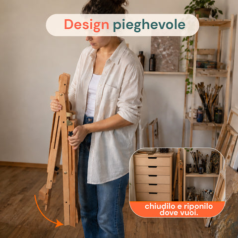 Cavalletto da Pittore in Faggio 122x44x40 cm con Altezza Regolabile