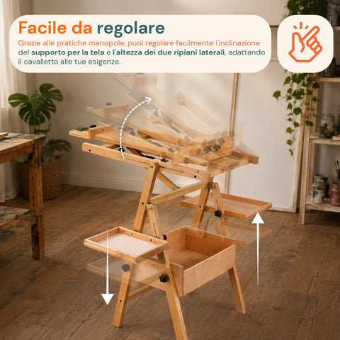 Cavalletto da Pittore in Faggio 122x44x40 cm con Altezza Regolabile