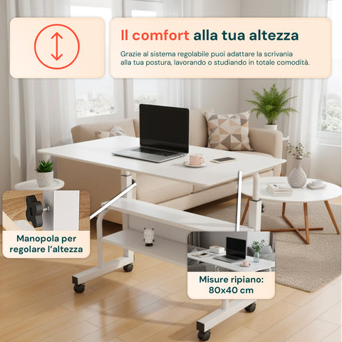 Scrivania Mobile Regolabile – Struttura in Ferro e Piano MDF 80×40 cm