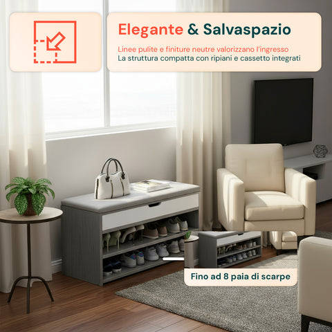 Scarpiera in Legno con Seduta Imbottita e 2 Ripiani Salvaspazio