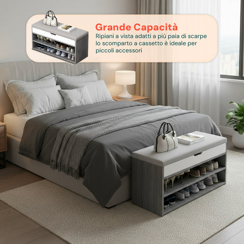 Scarpiera in Legno con Seduta Imbottita e 2 Ripiani Salvaspazio