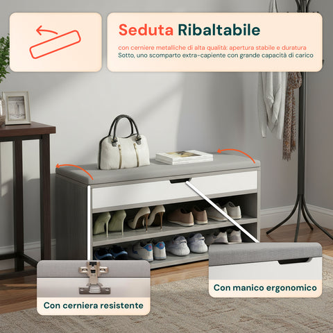 Scarpiera in Legno con Seduta Imbottita e 2 Ripiani Salvaspazio