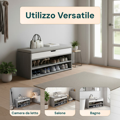 Scarpiera in Legno con Seduta Imbottita e 2 Ripiani Salvaspazio
