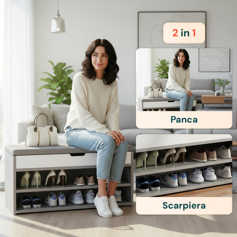 Scarpiera in Legno con Seduta Imbottita e 2 Ripiani Salvaspazio