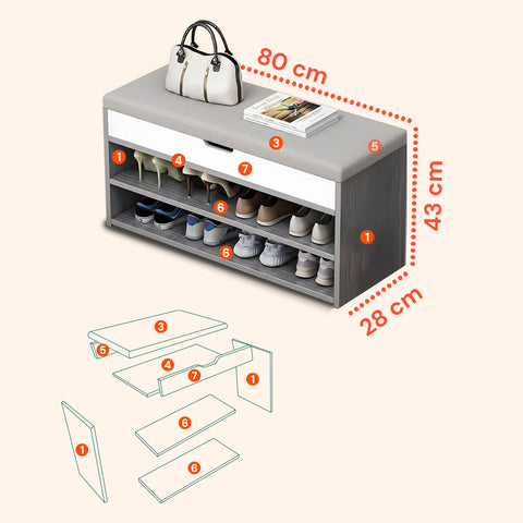 Scarpiera in Legno con Seduta Imbottita e 2 Ripiani Salvaspazio