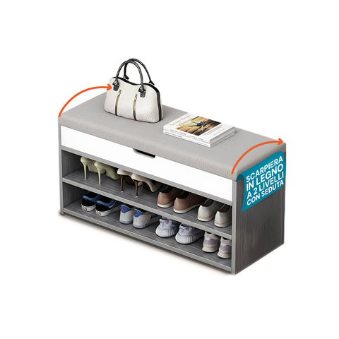 Scarpiera in Legno con Seduta Imbottita e 2 Ripiani Salvaspazio