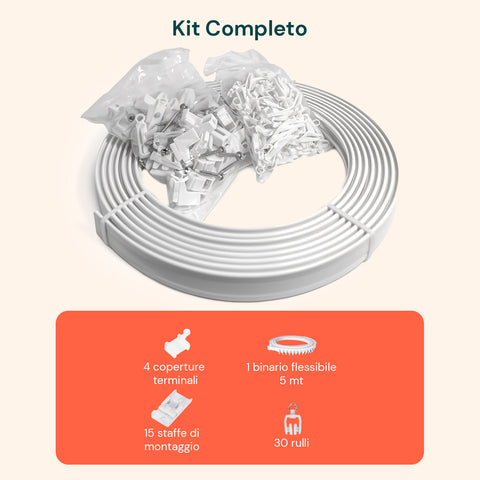 Binario Tenda Soffitto Flessibile 5m con Supporti, Ganci e Rulli