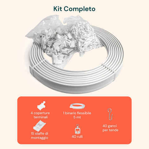 Binario Tenda Soffitto Flessibile 5m con Supporti, Ganci e Rulli