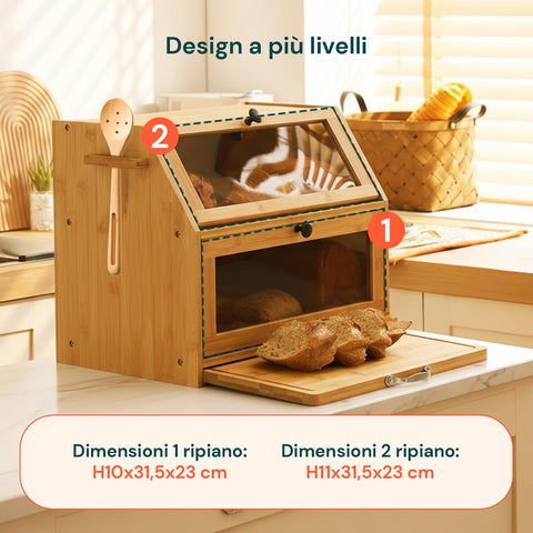 Dispensa in Bambù 2 Ripiani con Tagliere e Vetrine Trasparenti