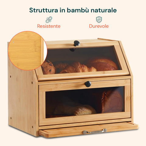 Dispensa in Bambù 2 Ripiani con Tagliere e Vetrine Trasparenti
