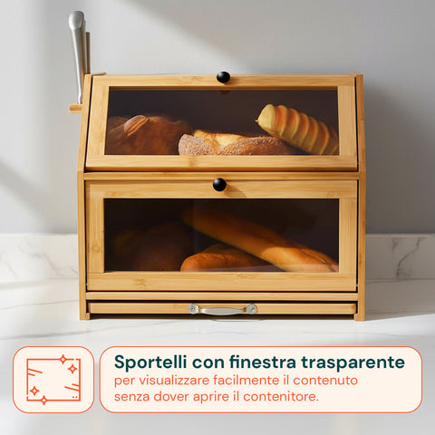 Dispensa in Bambù 2 Ripiani con Tagliere e Vetrine Trasparenti
