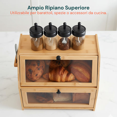 Dispensa in Bambù 2 Ripiani con Tagliere e Vetrine Trasparenti
