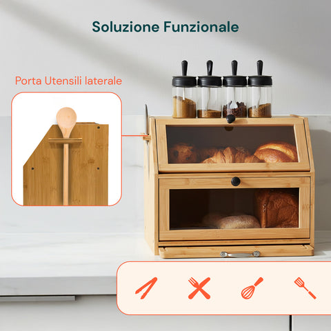 Dispensa in Bambù 2 Ripiani con Tagliere e Vetrine Trasparenti