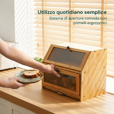 Dispensa in Bambù 2 Ripiani con Tagliere e Vetrine Trasparenti
