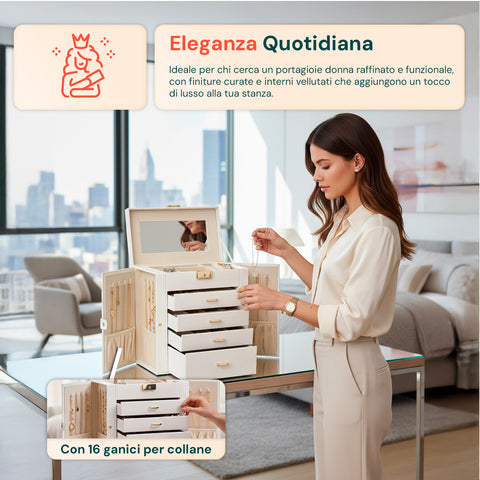 Portagioie Multiuso con Specchio – 4 Cassetti e Scomparti Regolabili