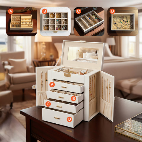 Portagioie Multiuso con Specchio – 4 Cassetti e Scomparti Regolabili