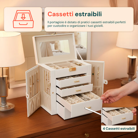 Portagioie Multiuso con Specchio – 4 Cassetti e Scomparti Regolabili