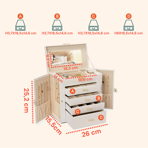 Portagioie Multiuso con Specchio – 4 Cassetti e Scomparti Regolabili