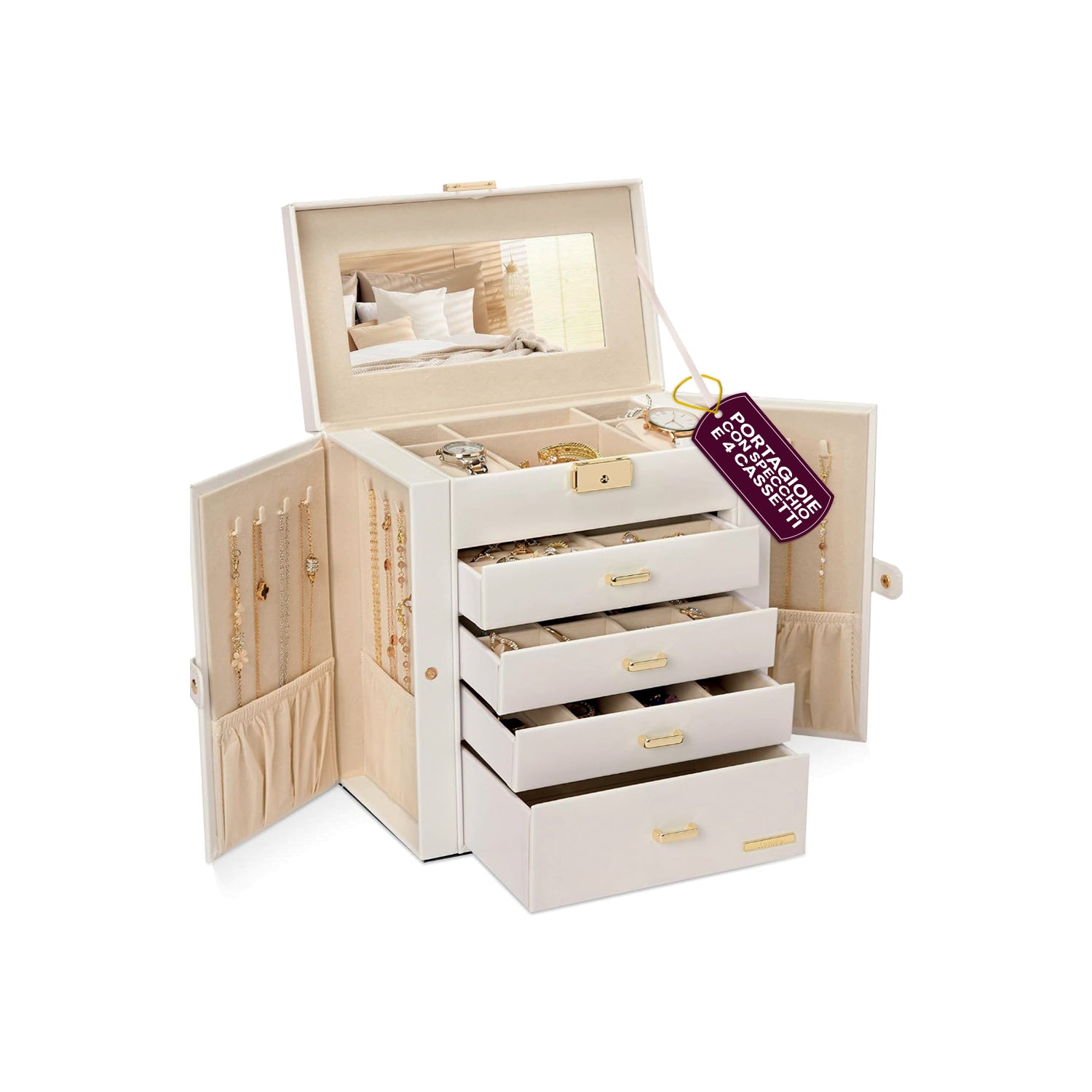 Portagioie Multiuso con Specchio – 4 Cassetti e Scomparti Regolabili