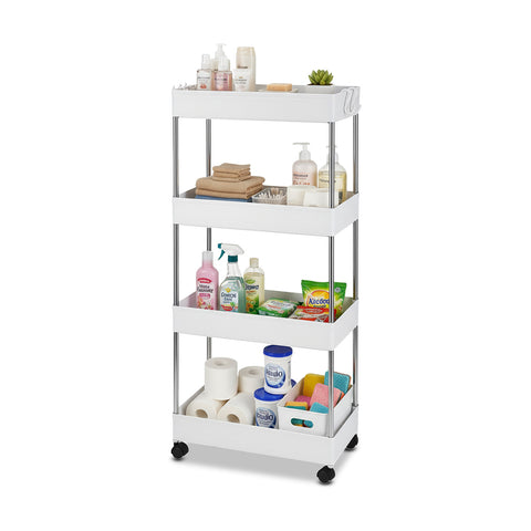 Carrello Multiuso Salvaspazio Bianco a 4 Livelli per Cucina e Bagno con Ganci