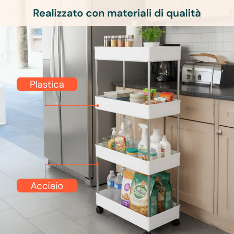 Carrello Multiuso Salvaspazio Bianco a 4 Livelli per Cucina e Bagno con Ganci