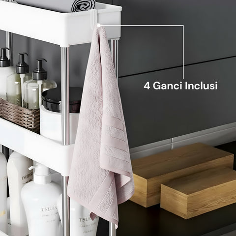 Carrello Multiuso Salvaspazio Bianco a 4 Livelli per Cucina e Bagno con Ganci
