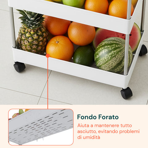 Carrello Multiuso Salvaspazio Bianco a 4 Livelli per Cucina e Bagno con Ganci