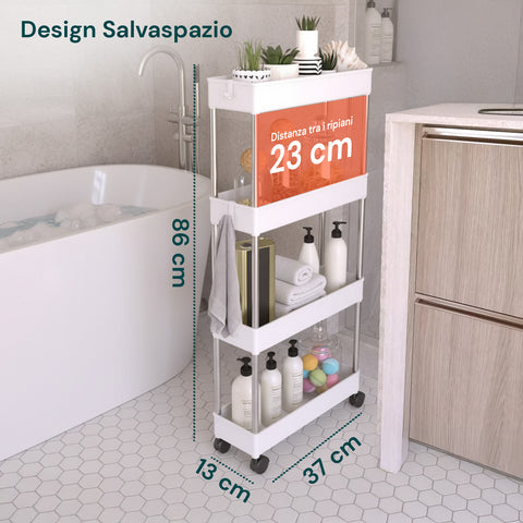 Carrello Multiuso Salvaspazio Bianco a 4 Livelli per Cucina e Bagno con Ganci
