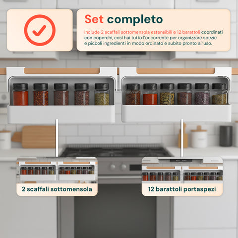 Organizer Cucina Portaspezie – Set 2 Mensole con 6 Barattoli in Vetro Inclusi