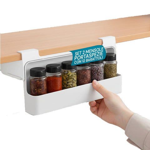Organizer Cucina Portaspezie – Set 2 Mensole con 6 Barattoli in Vetro Inclusi