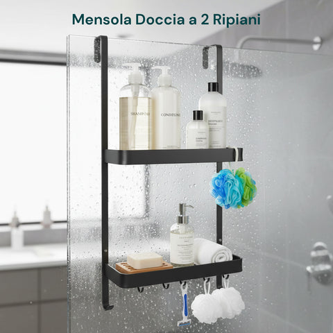 Mensola da Bagno AppendiDoccia Nero con 2 Ripiani e Ganci