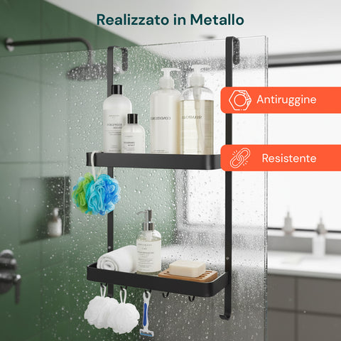 Mensola da Bagno AppendiDoccia Nero con 2 Ripiani e Ganci