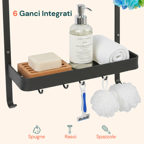 Mensola da Bagno AppendiDoccia Nero con 2 Ripiani e Ganci
