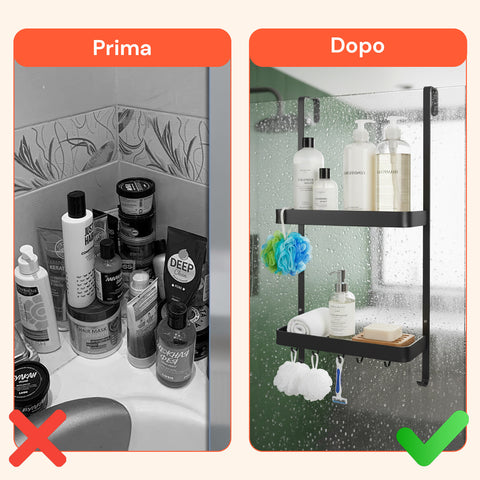 Mensola da Bagno AppendiDoccia Nero con 2 Ripiani e Ganci