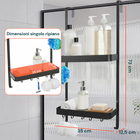 Mensola da Bagno AppendiDoccia Nero con 2 Ripiani e Ganci
